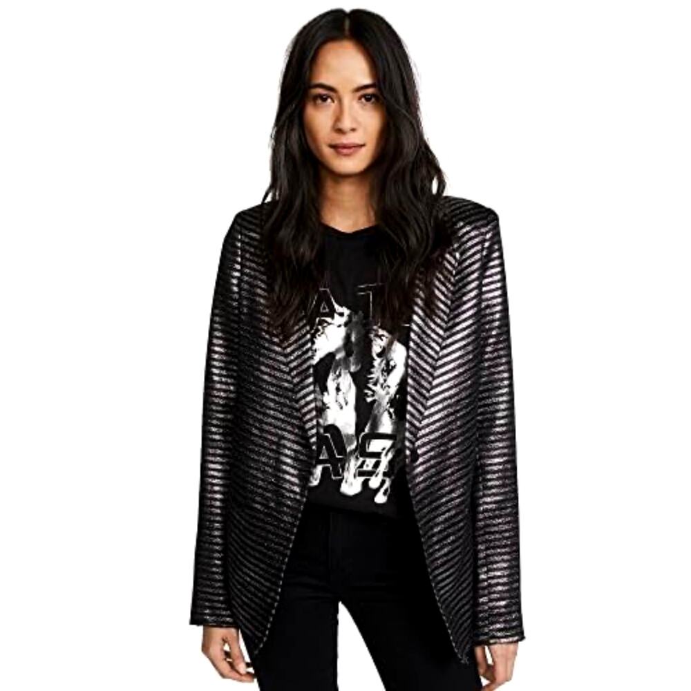 RTA Black Silver Metallic Striped Open Front Iggy Blazer Small Jacket Women's